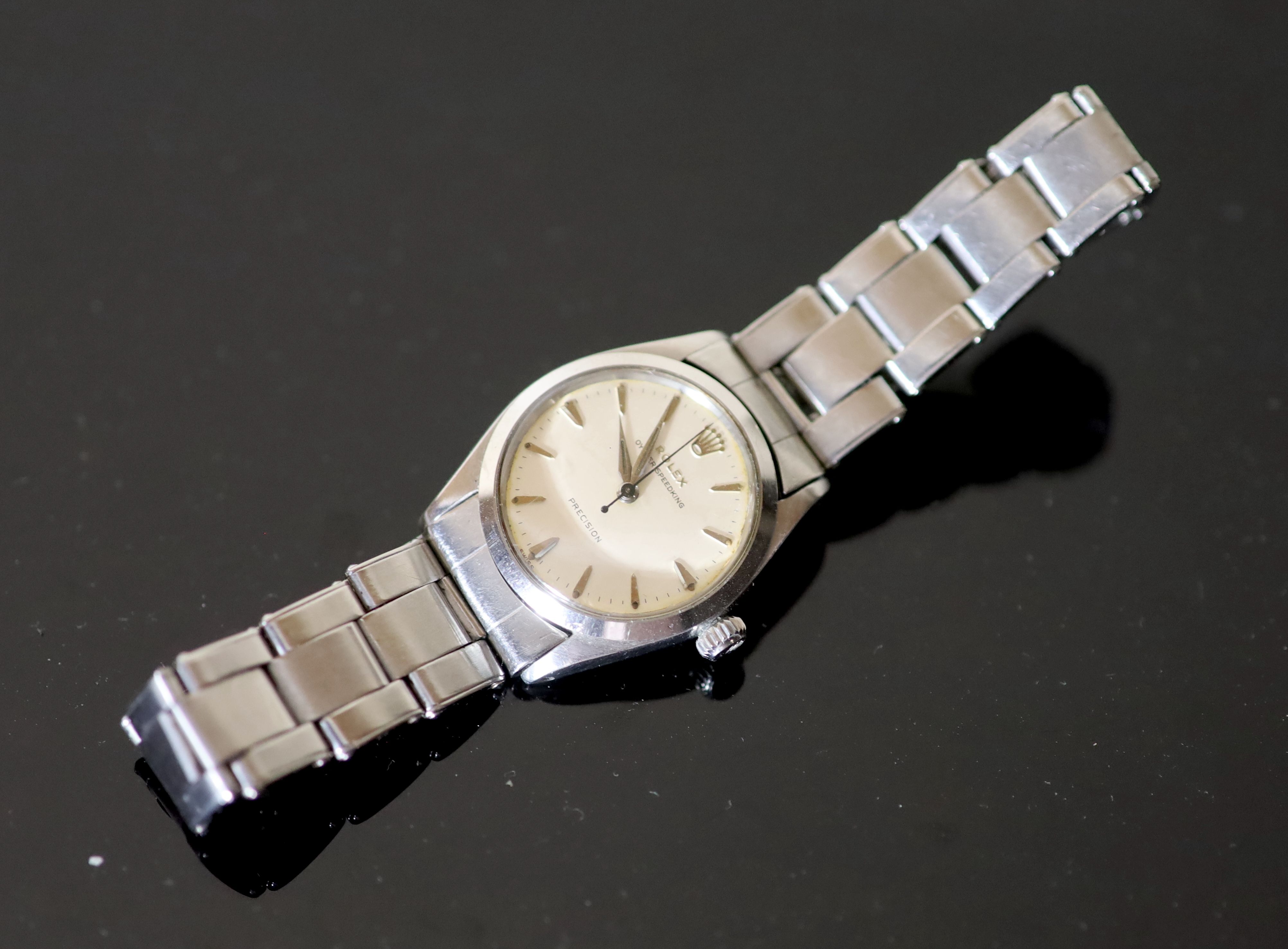 A gentlemans 1960s stainless steel mid size Rolex Oyster Speedking Precision manual wind wrist watch,